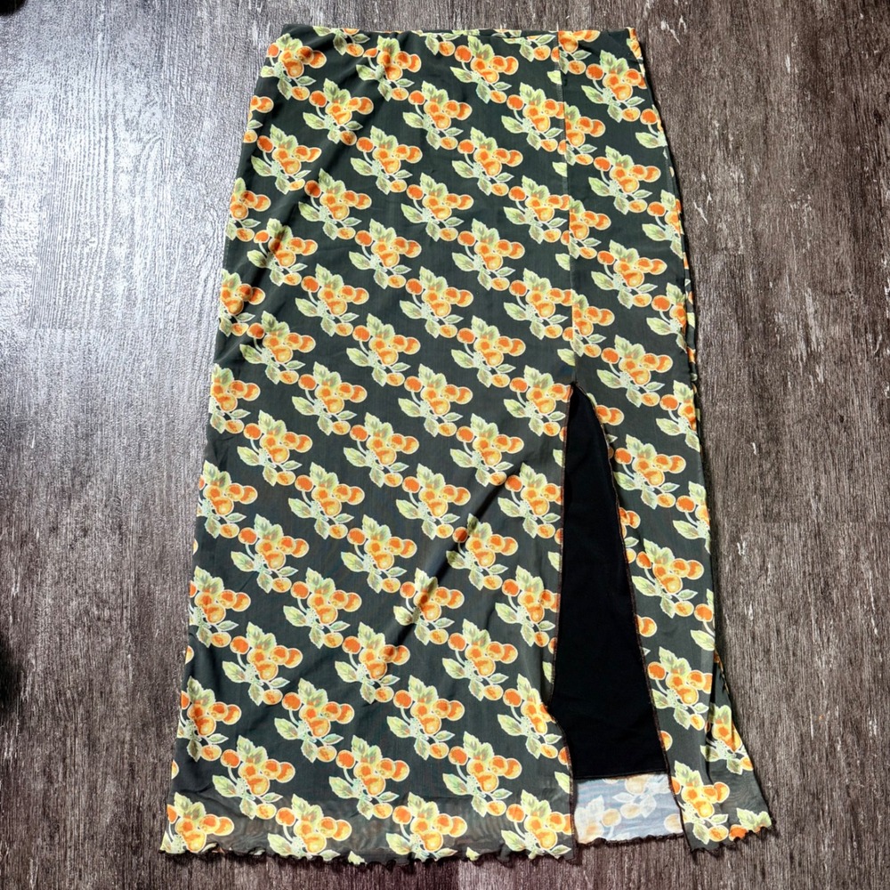 Urban Outfitters Mesh Midi Skirt Women Large Green Orange Fruit Print Slit Y2K